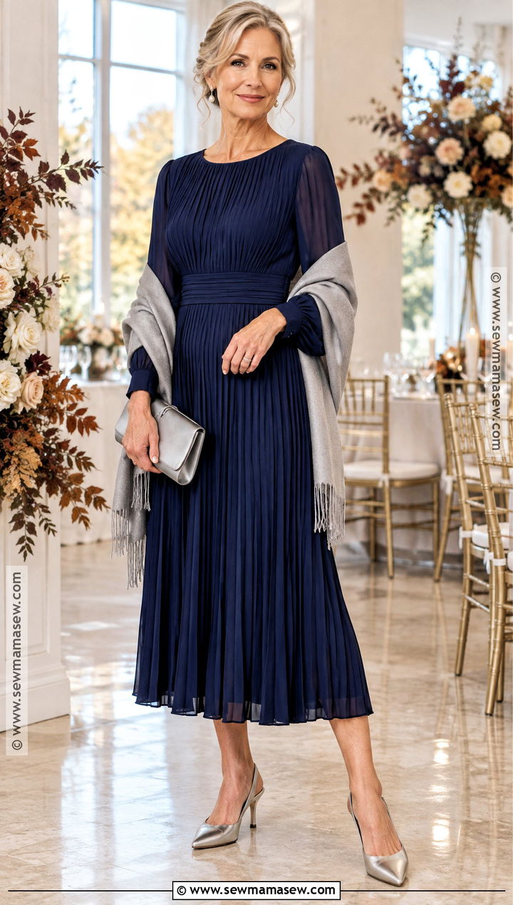 Navy Pleated Midi Dress for a Fall Semi Formal Wedding - 20 fall semi formal wedding attire ideas