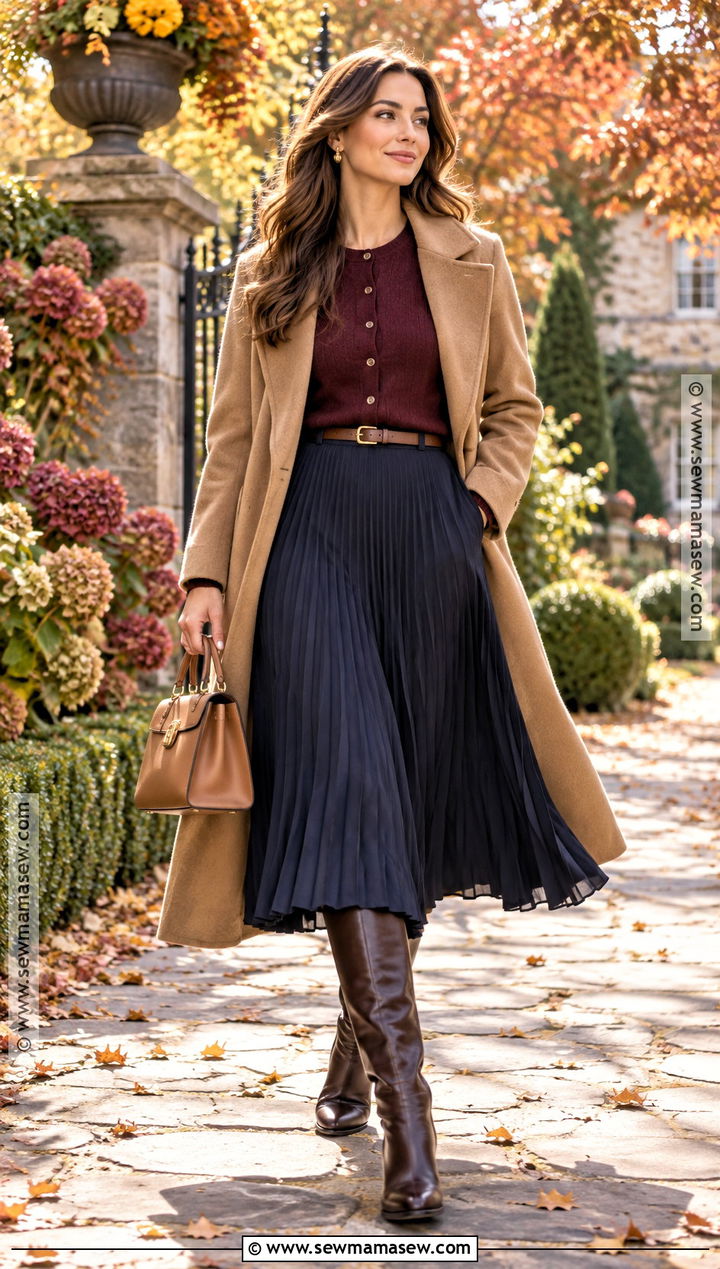 Navy Pleated Skirt With Burgundy Cardigan - 20 Navy Fall Outfits