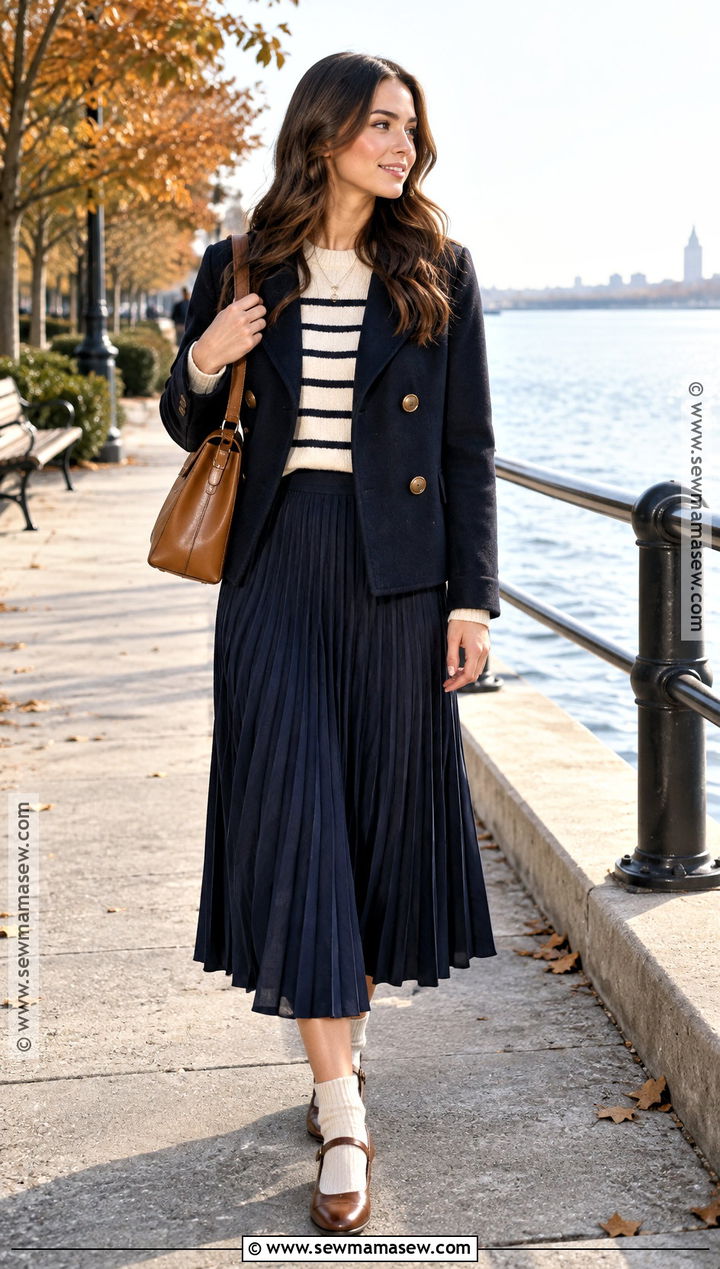 Navy Pleated Skirt With Striped Sweater - 15 fall outfit pleated skirt ideas