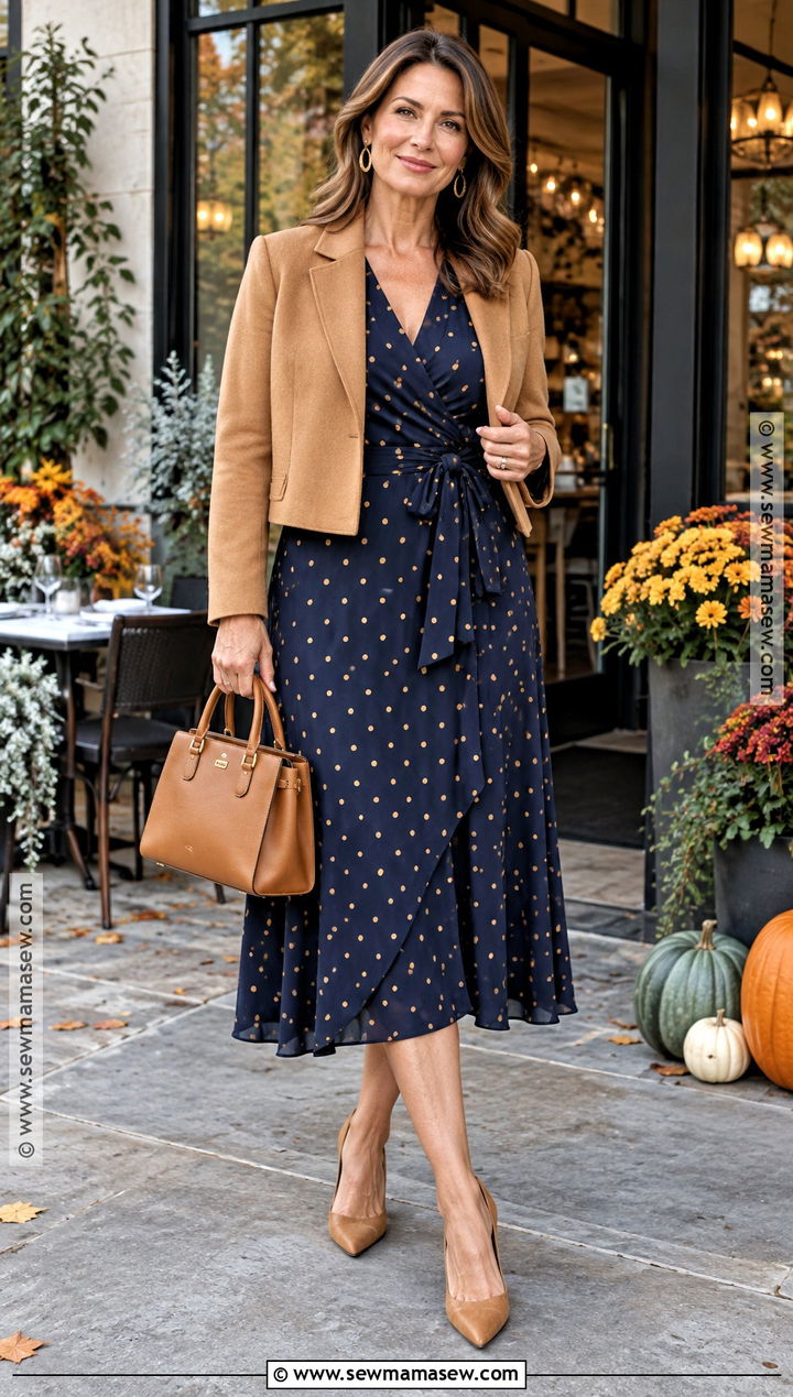 Navy Polka Dot Midi Fall Wedding Guest Dress - 20 casual fall wedding guest dress ideas