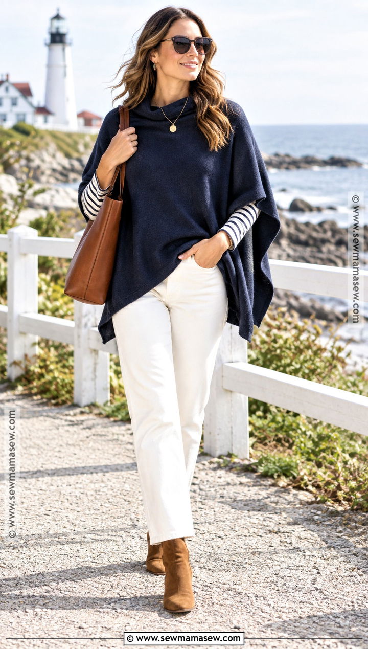 Navy Poncho With White Jeans - 20 fall poncho outfits
