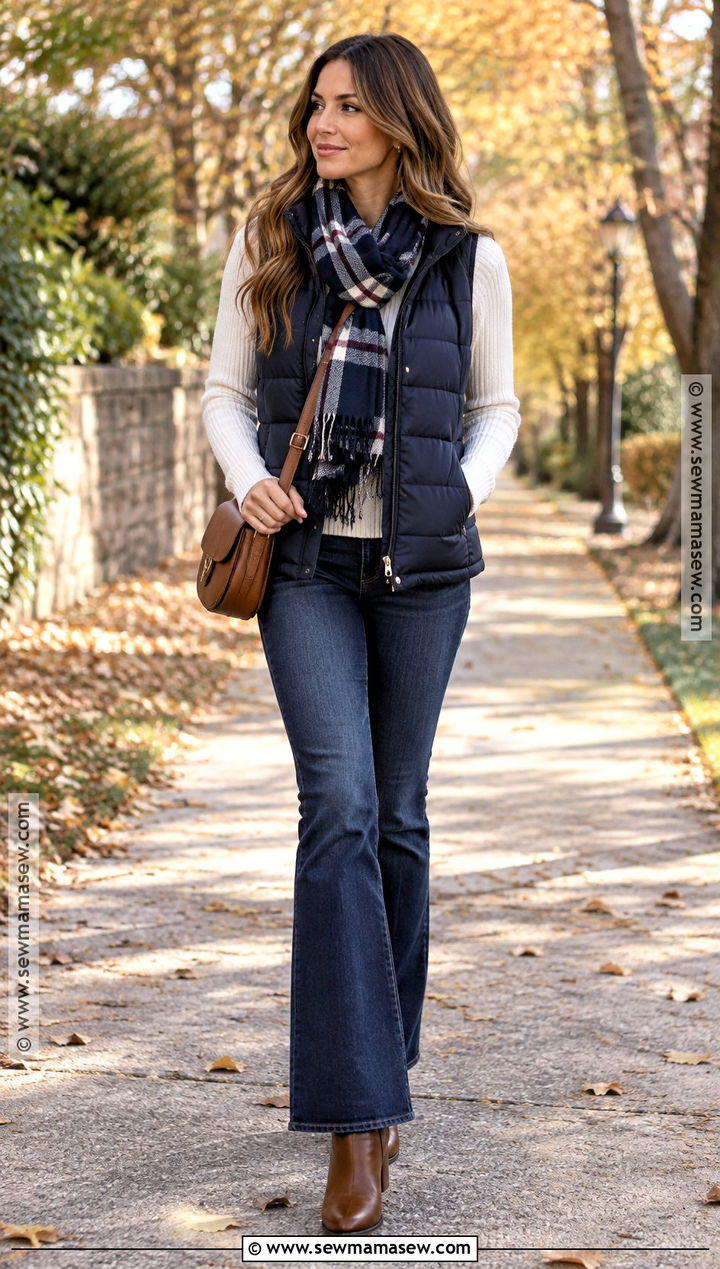 Navy Puffer Vest And Flare Jeans Outfit - 20 blue fall outfits