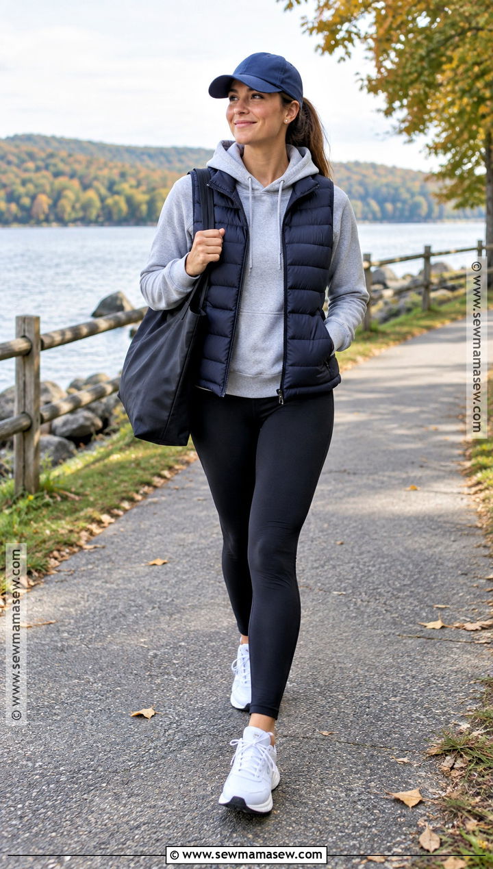 Navy Puffer Vest With Hoodie And Leggings - 20 fall outfits with vest