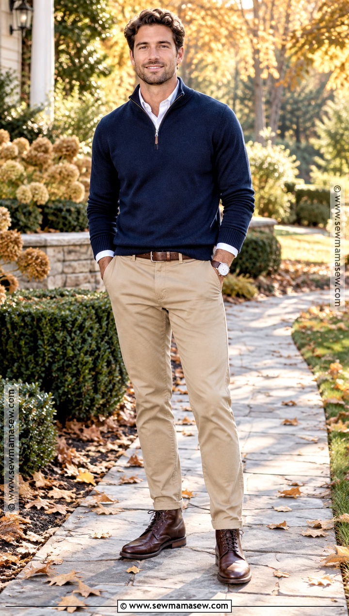 Navy Quarter Zip With Khaki Chinos - 15 fall family photo outfits for men