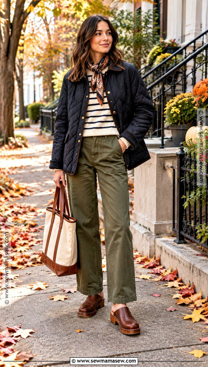 Navy Quilted Jacket With Relaxed Trousers - 15 blue cozy fall fashion ideas