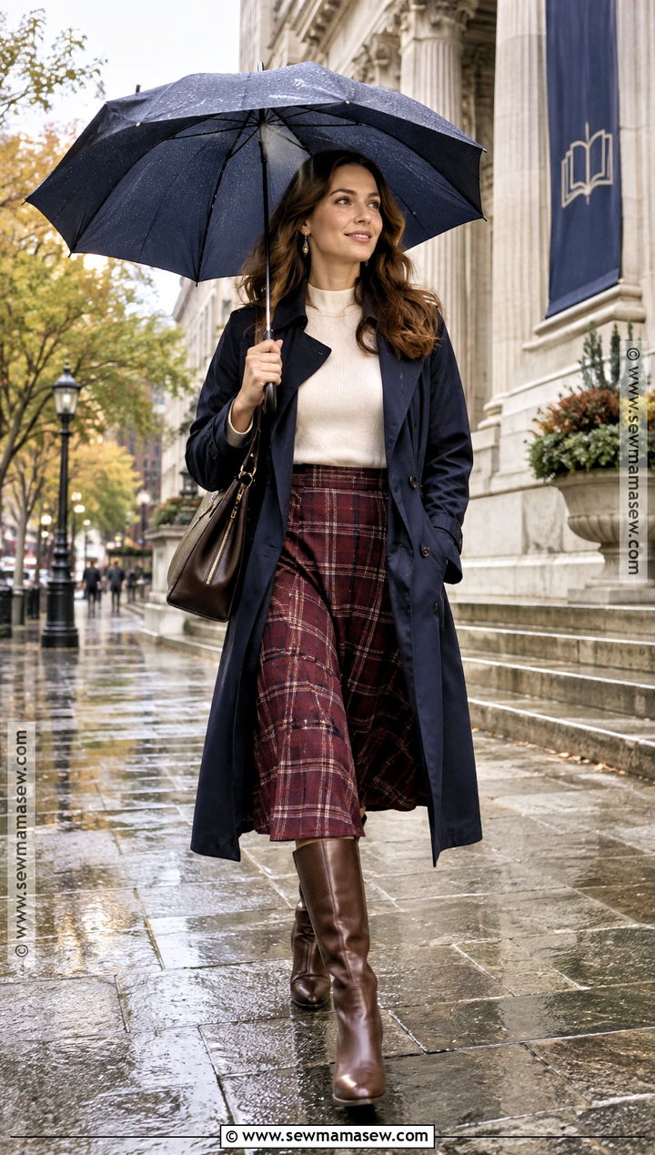 Navy Rain Trench With Plaid Midi Skirt And Tall Boots - 15 fall outfits for rainy days