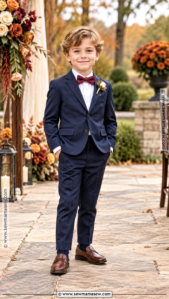 Navy Ring Bearer Suit With Burgundy Bow Tie - 15 ring bearer outfit fall wedding ideas