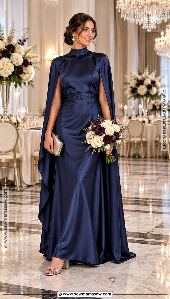 Navy Satin Cape Bridesmaid Dress - 15 Fall Themed Bridesmaid Dresses