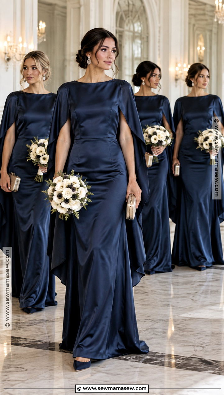 Navy Satin Cape Fall Bridal Party Outfit - 20 fall bridal party attire ideas