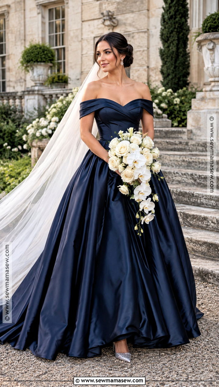 Navy Satin Fall Wedding Dress - 20 fall color wedding dress ideas