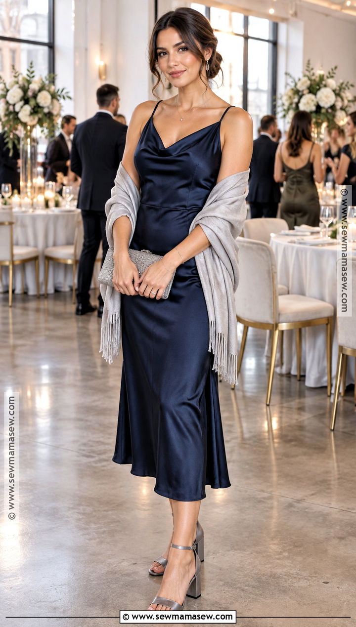 Navy Satin Midi Fall Wedding Guest Dress - 20 casual fall wedding guest dress ideas