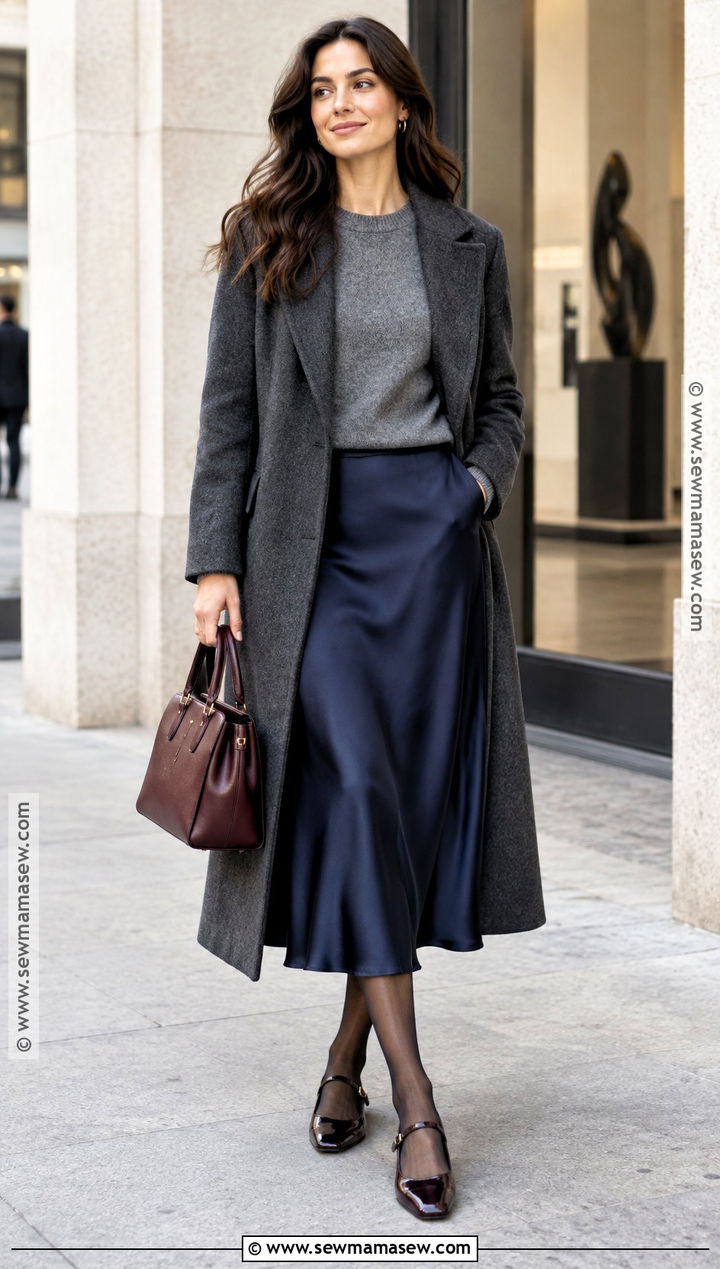 Navy Satin Skirt With Gray Sweater And Mary Jane Flats - 25 satin skirt outfit fall ideas
