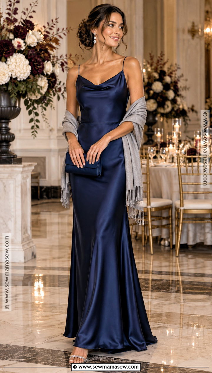 Navy Satin Slip Bridesmaid Dress With Crystal Heels - 15 fall bridesmaid dresses mismatched jewel tones