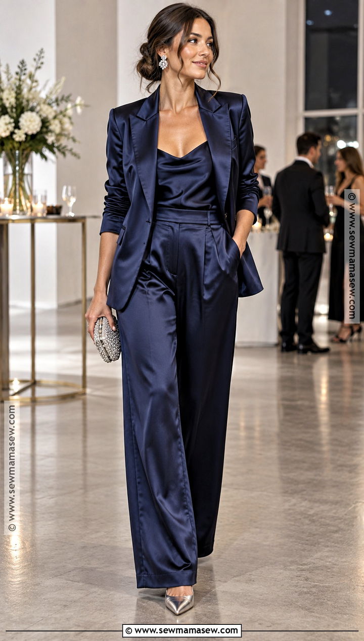 Navy Satin Suit Wedding Guest Outfit - 25 wedding guest looks fall