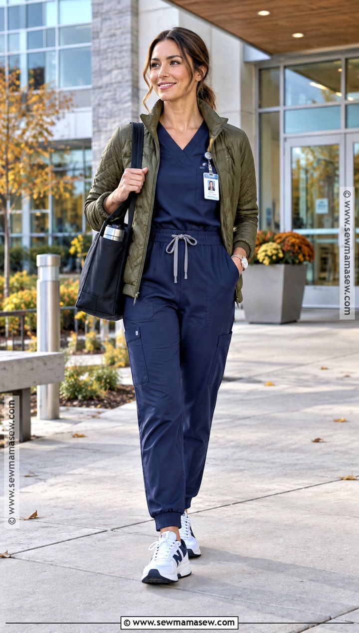 Navy Scrub Jumpsuit With Quilted Jacket - 20 Fall Scrub Outfits