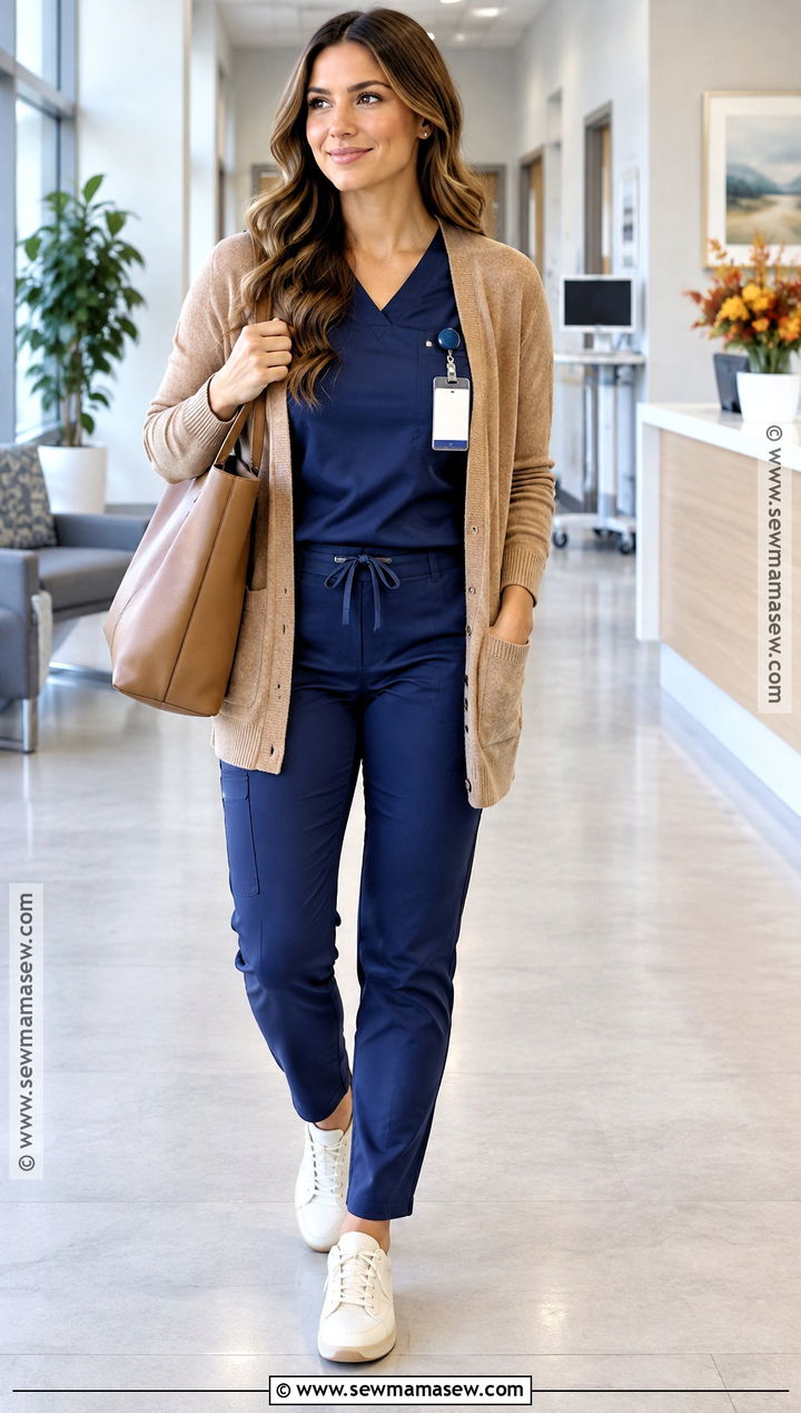 Navy Scrubs With Camel Cardigan - 20 Fall Scrub Outfits