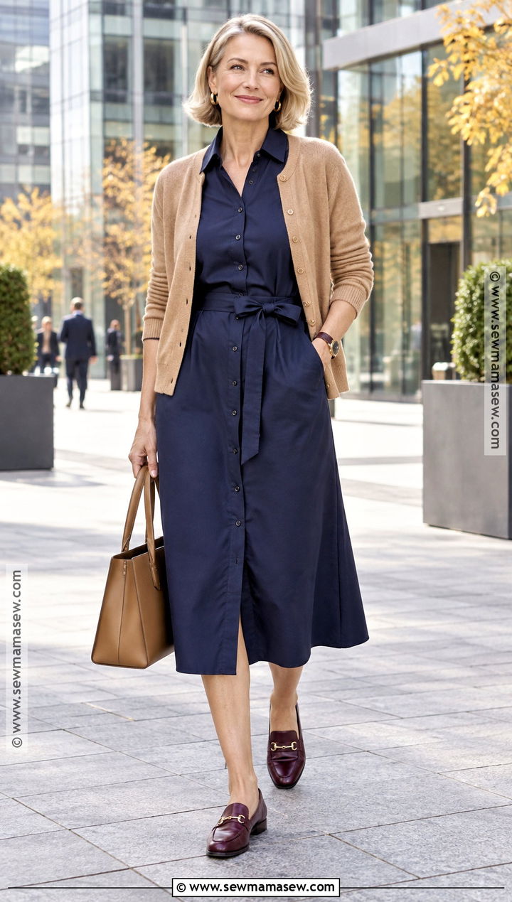 Navy Shirt Autumn Dress With Loafers - 25 autumn dress ideas