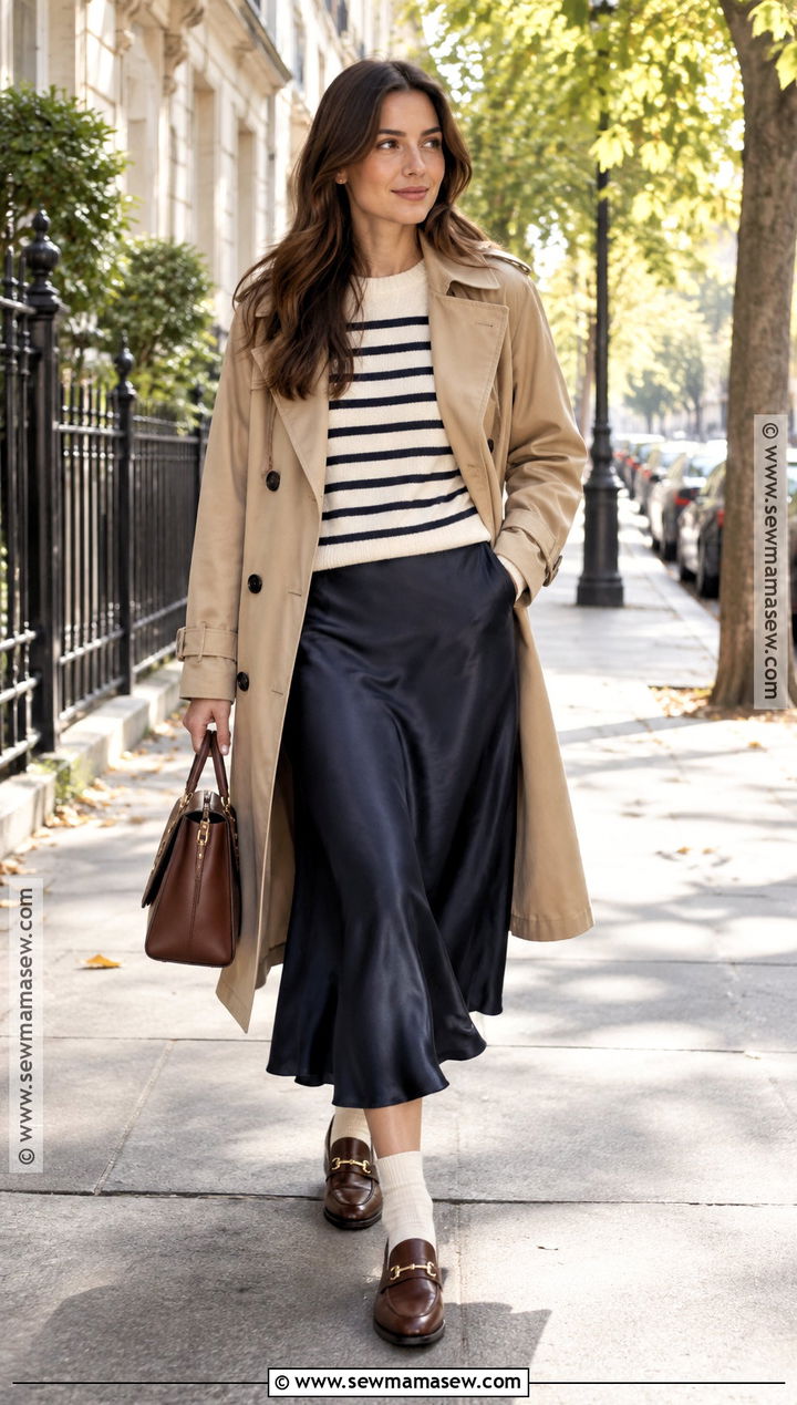 Navy Silk Skirt With Striped Sweater - 20 silk skirt fall outfit ideas