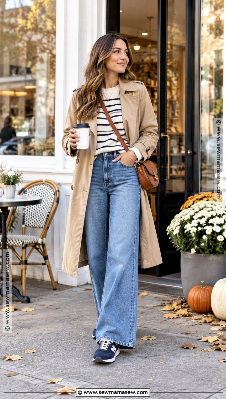 Navy Sneakers With Wide Leg Jeans and Striped Sweater - 15 Fall Color Sneakers