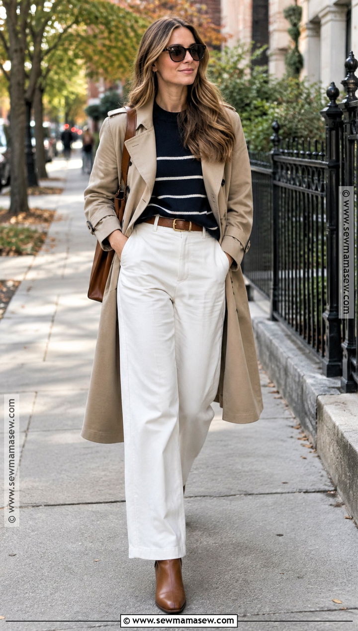 Navy Striped Sweater With White Wide Leg Jeans - 15 cozy sweater for fall ideas