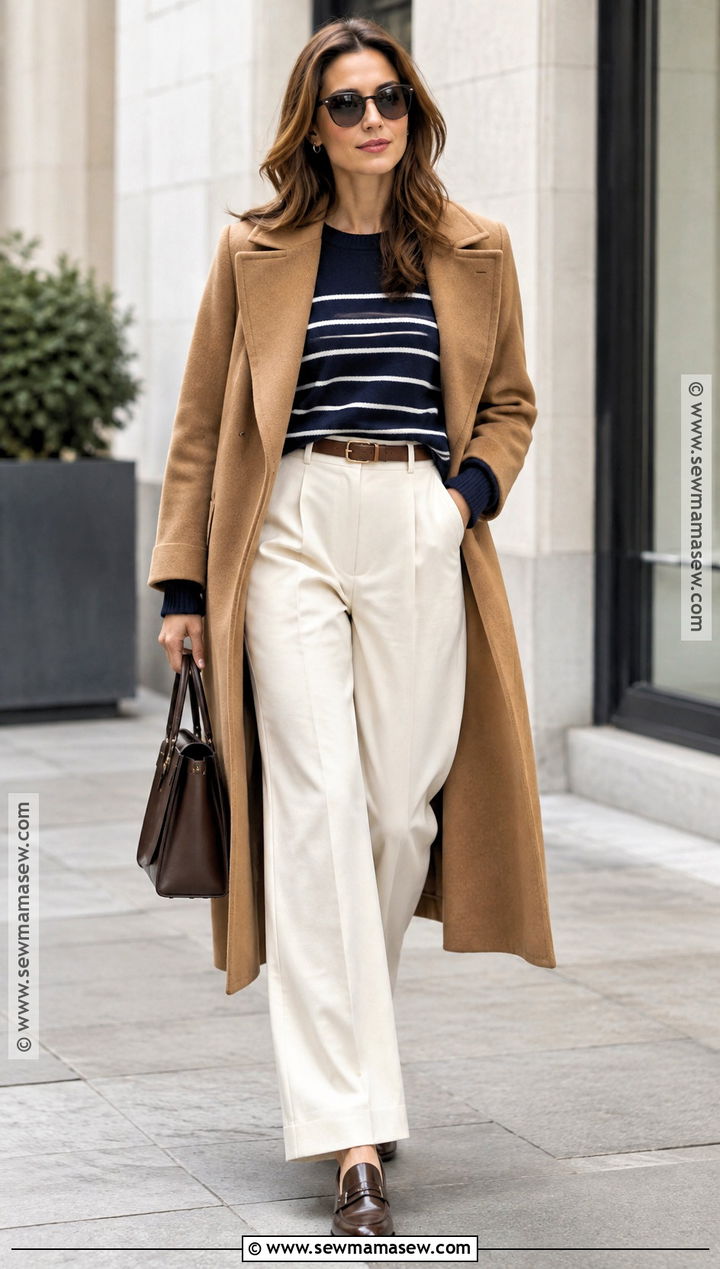 Navy Striped Sweater With Wide Leg Trousers - 15 fall striped sweater outfits