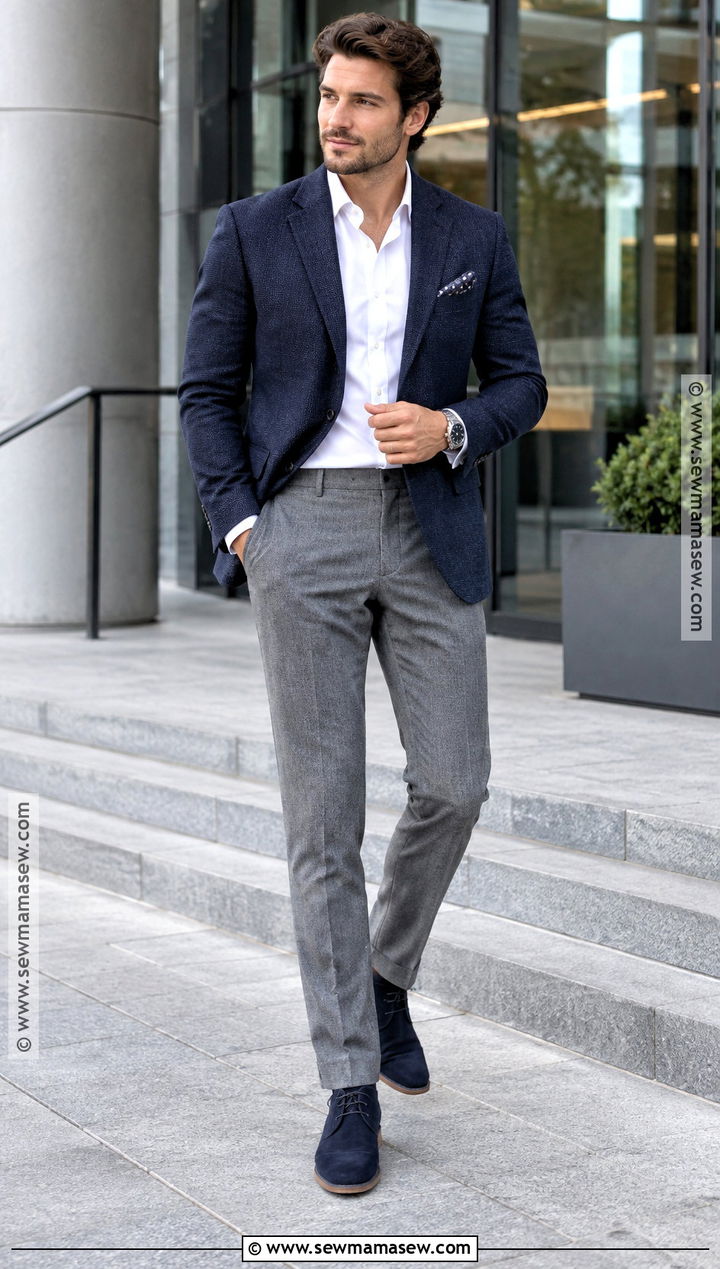 Navy Suede Chukka Boots With Gray Trousers - 15 Men's Suede Boots Fall Fashion