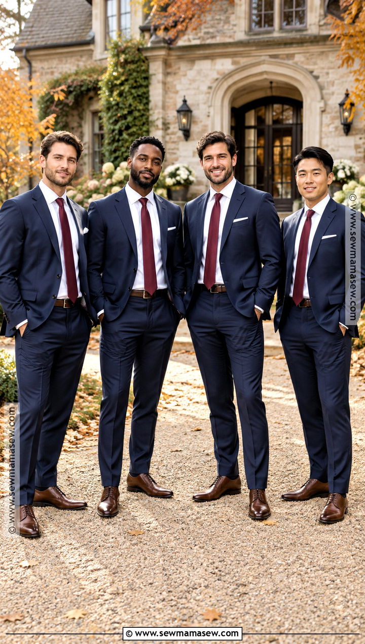 Navy Suit And Burgundy Tie Groomsmen Attire - 25 fall wedding groomsmen attire ideas