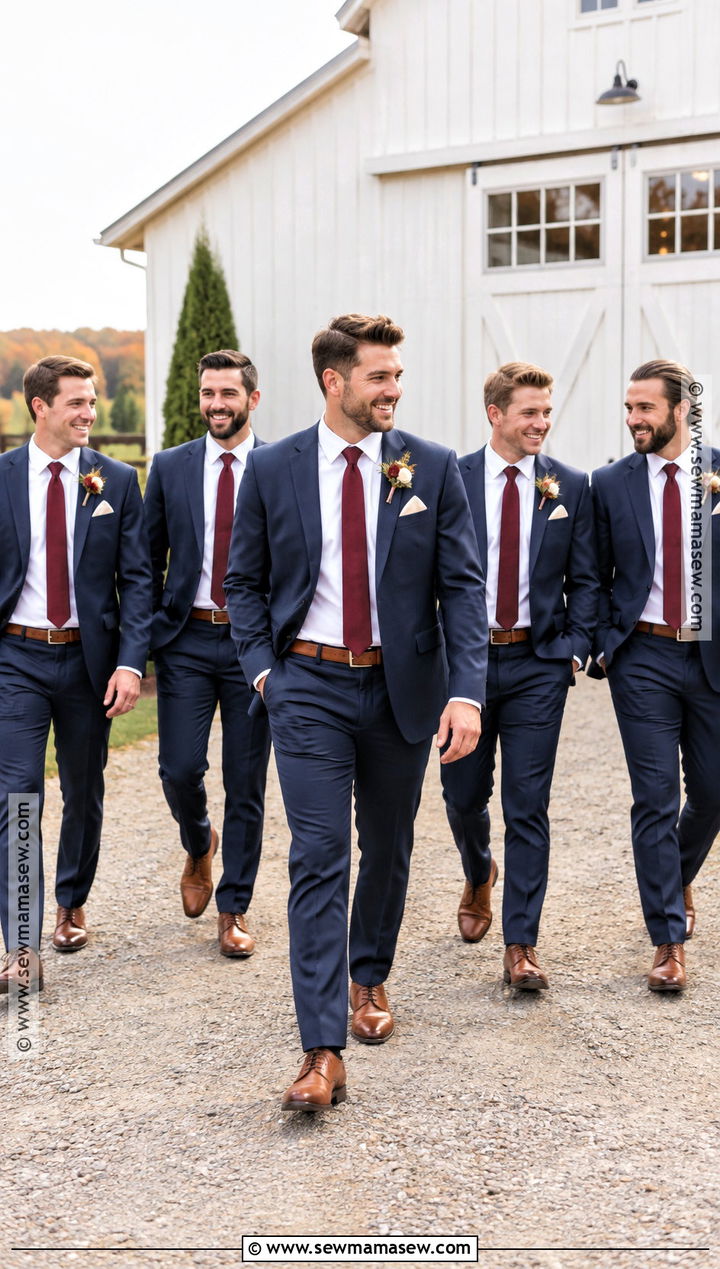 Navy Suit And Burgundy Tie Groomsmen Attire - 15 fall wedding groomsmen attire rustic ideas