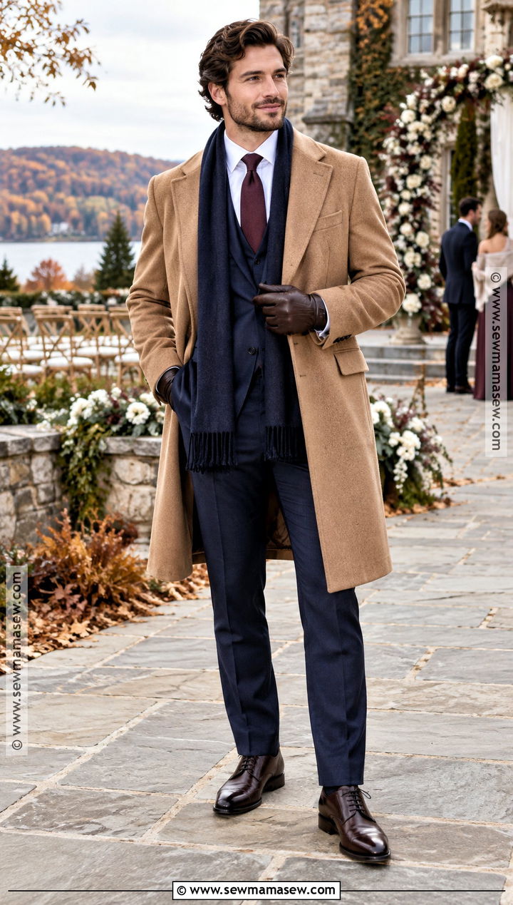 Navy Suit And Camel Overcoat Fall Wedding Guest Outfit - 20 mens fall wedding attire guest ideas