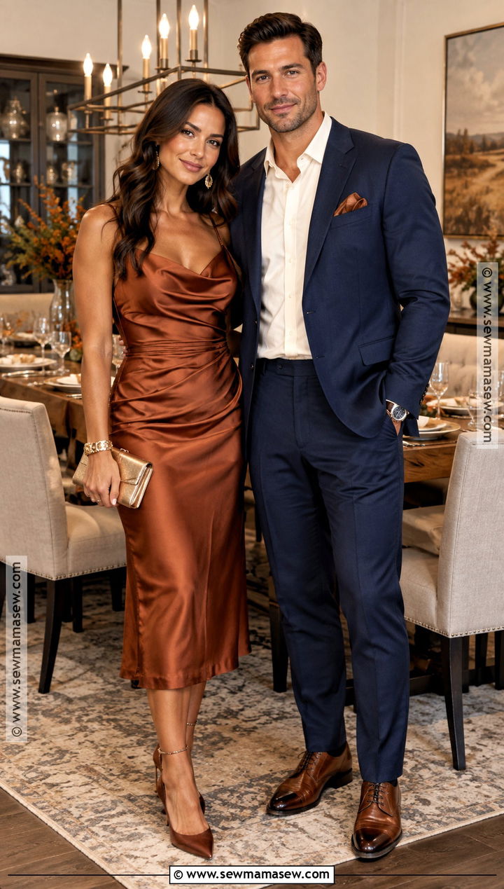 Navy Suit And Copper Dress Thanksgiving Outfit - 20 Thanksgiving Outfit Ideas for Couples