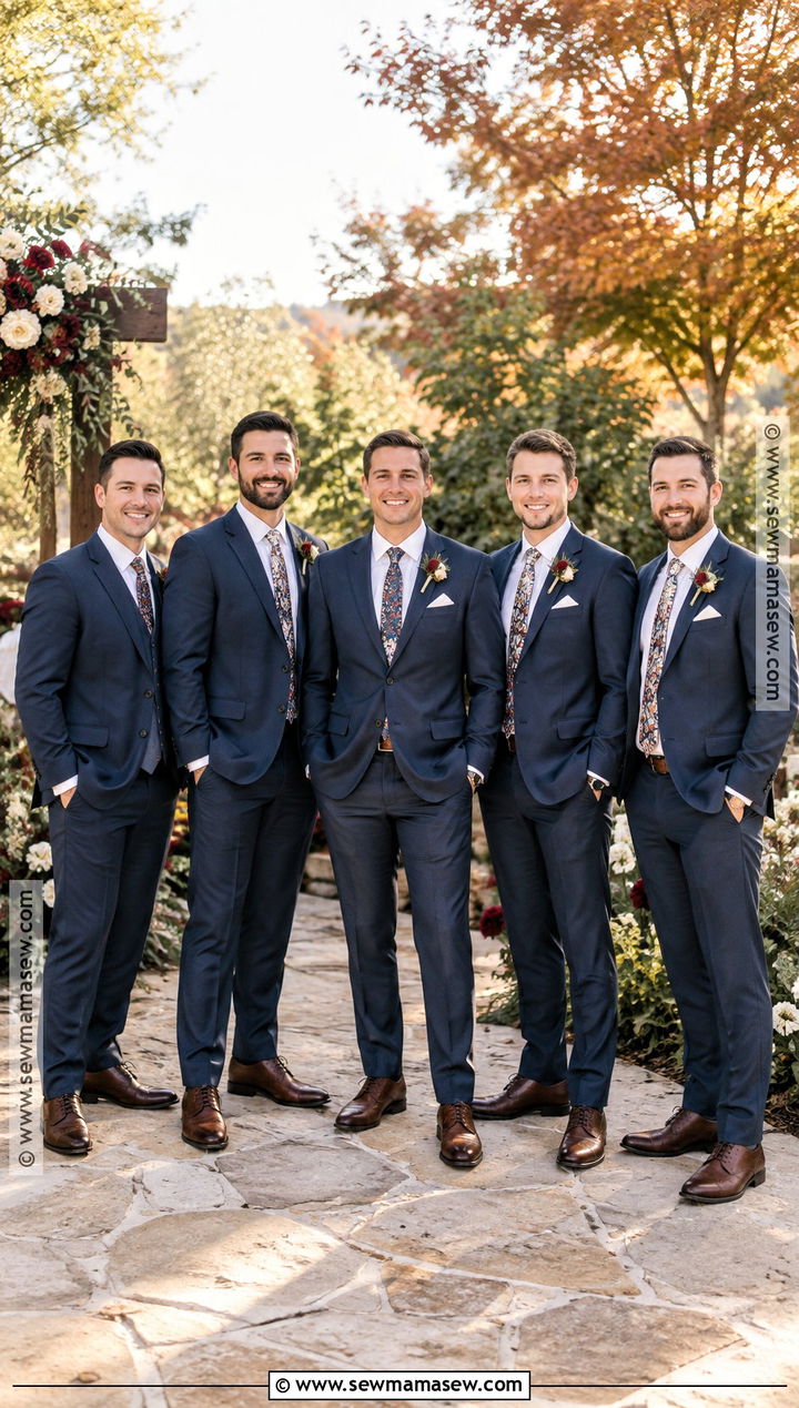 Navy Suit And Floral Tie Groomsmen Attire - 25 fall wedding groomsmen attire ideas