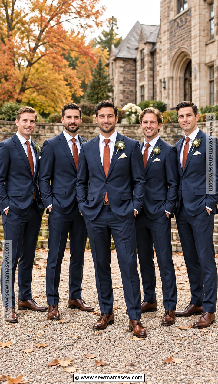 Navy Suit And Rust Tie Groomsmen Attire - 15 fall color groomsmen attire ideas