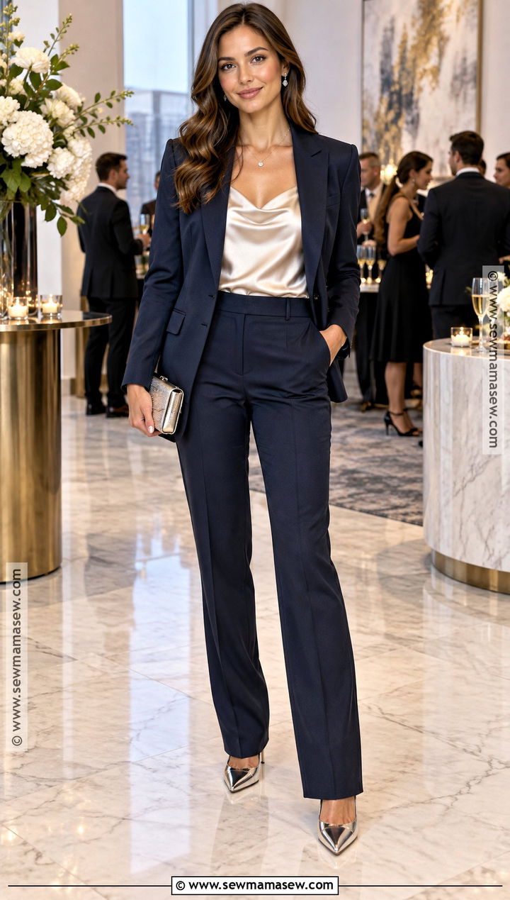 Navy Suit And Satin Camisole Fall Party Outfit - 20 party outfit fall ideas