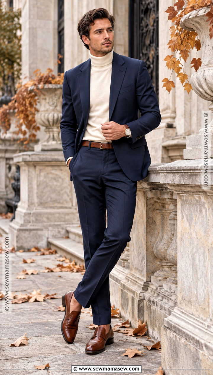 Navy Suit And Turtleneck Fall Engagement Outfit - 15 men fall engagement outfit ideas