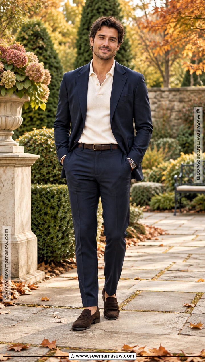 Navy Suit With A Fine Knit Polo - 15 fall family photo outfits for men