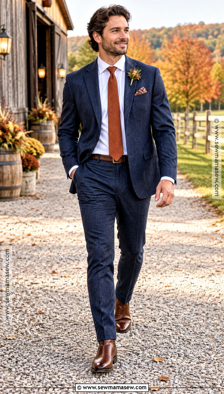 Navy Suit With Brown Boots Groom Attire - 15 fall country wedding groom attire ideas