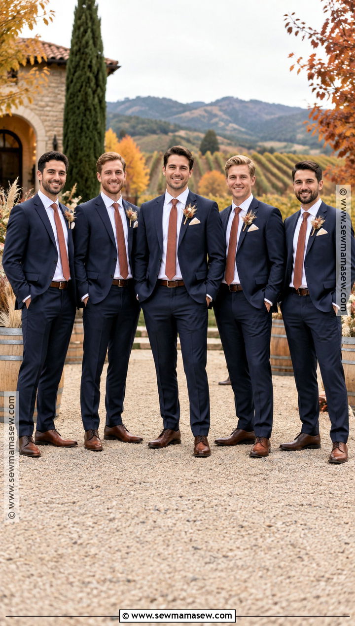 Navy Suit With Brown Leather Accessories - 15 fall rustic groomsmen attire ideas
