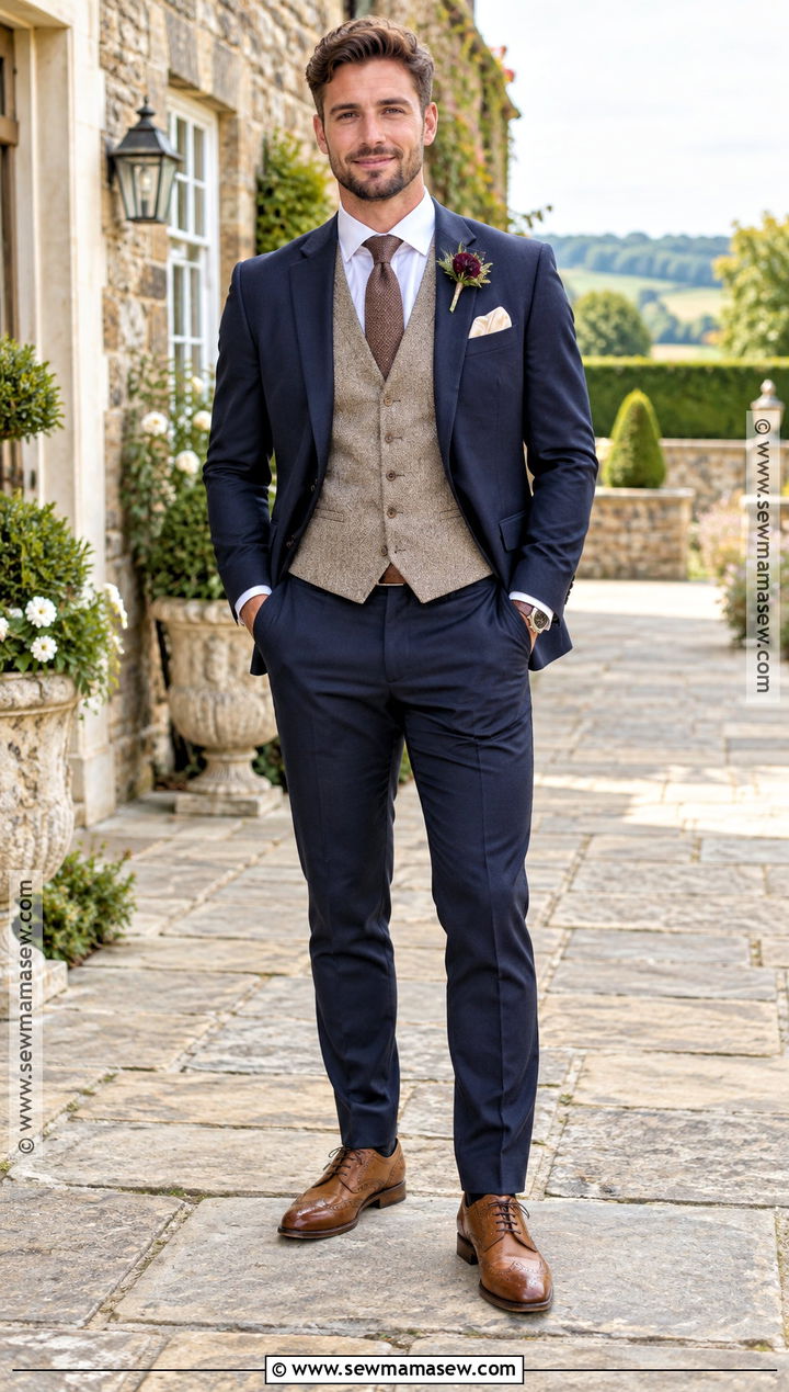 Navy Suit With Brown Leather Fall Groom Attire - 15 fall groom attire rustic ideas