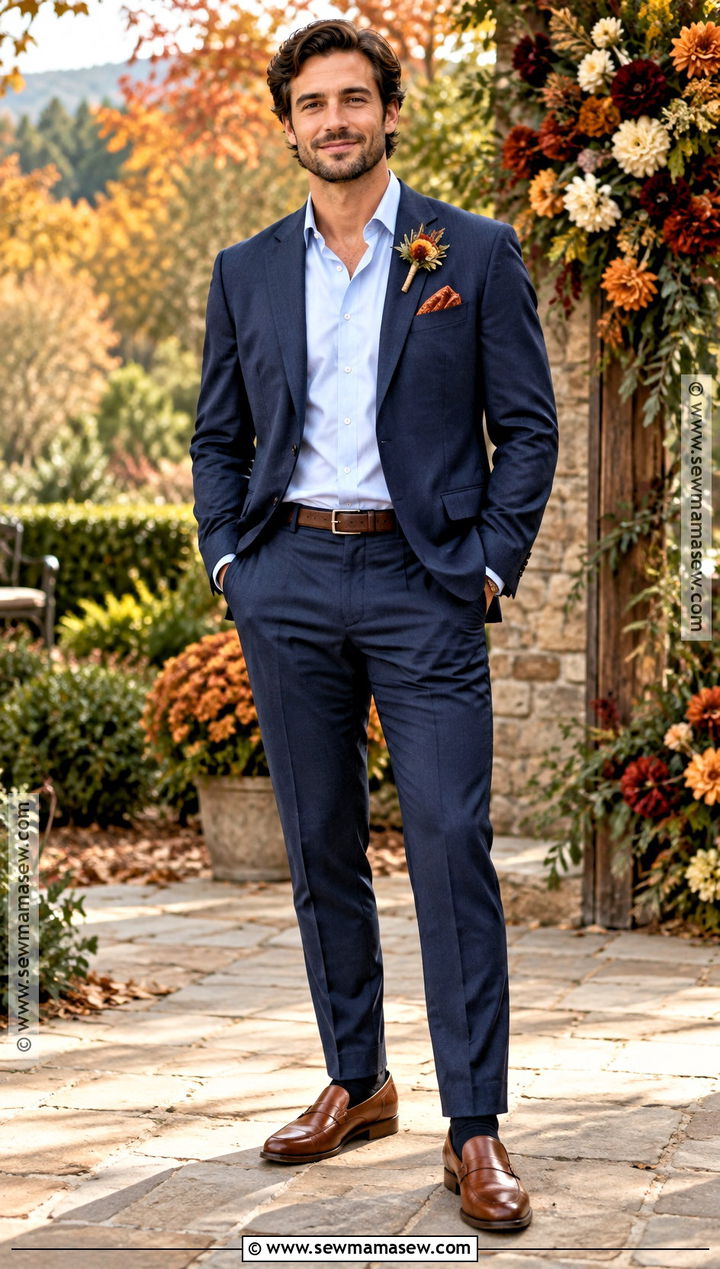 Navy Suit With Brown Loafers - 15 fall casual groom attire ideas
