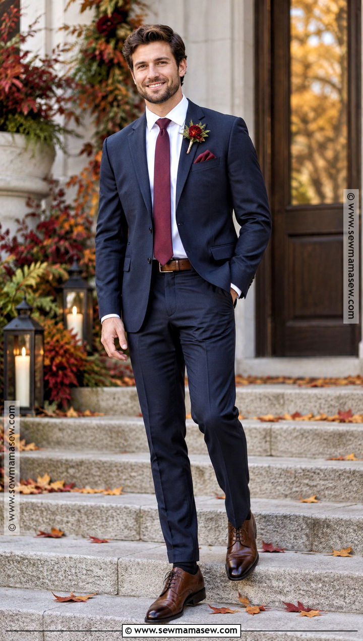 Navy Suit With Burgundy Accessories November Groom Attire - 15 november groom attire ideas