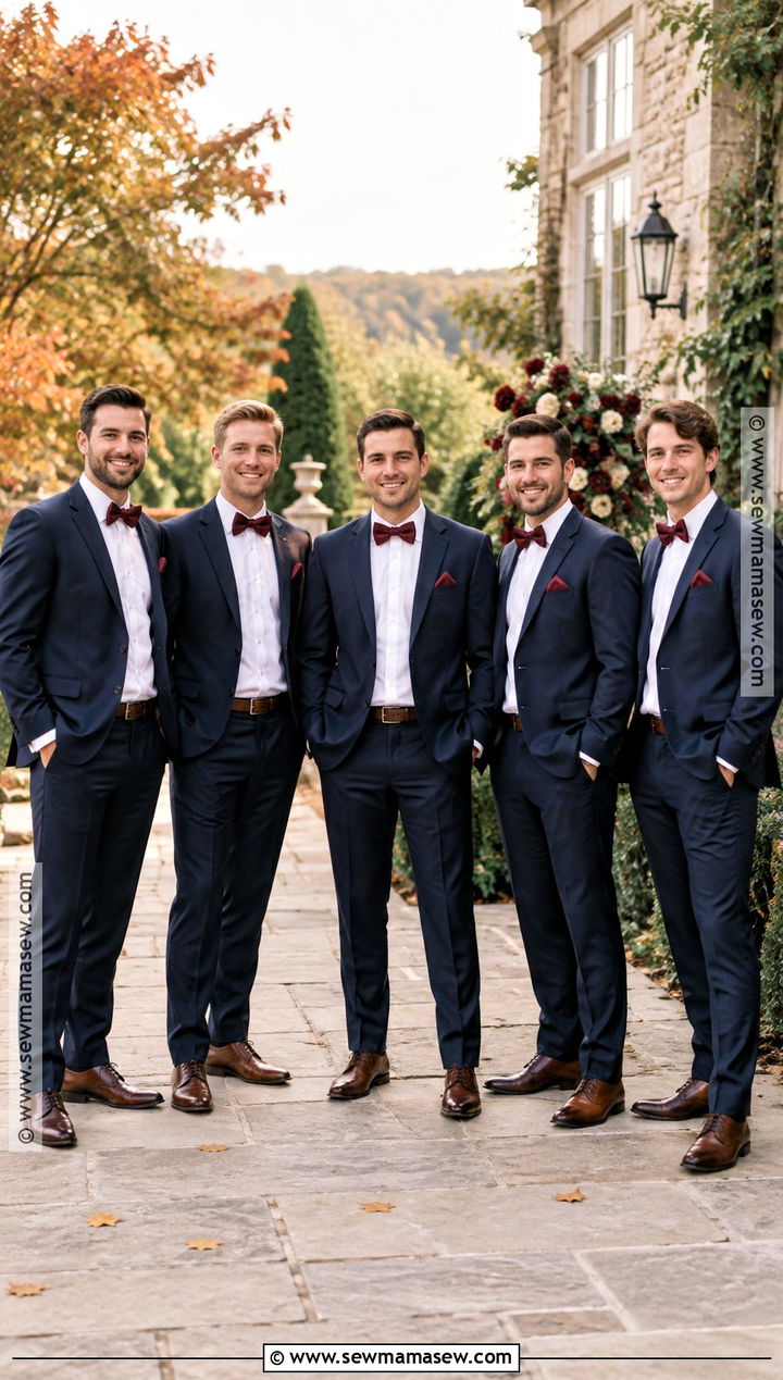 Navy Suit With Burgundy Bow Tie And Brown Oxfords - 15 burgundy groomsmen attire fall wedding ideas