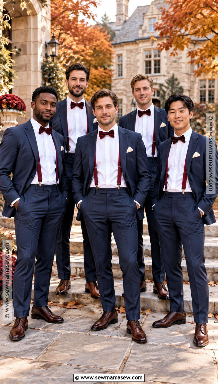 Navy Suit With Burgundy Suspenders - 15 fall groomsmen attire suspenders ideas