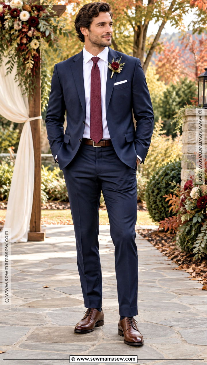 Navy Suit With Burgundy Tie Groom Attire - 25 fall wedding groom attire ideas