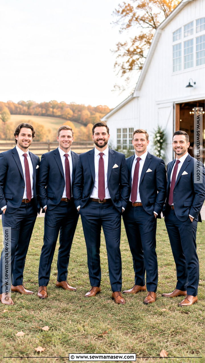 Navy Suit With Burgundy Tie Groomsmen Attire - 15 country fall wedding groomsmen attire ideas