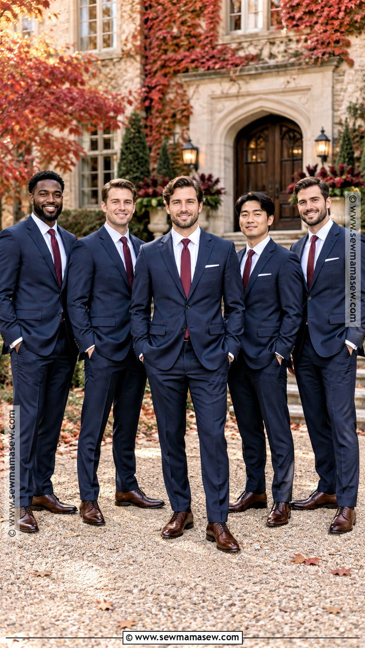 Navy Suit With Burgundy Tie - 20 groomsmen fall wedding attire ideas
