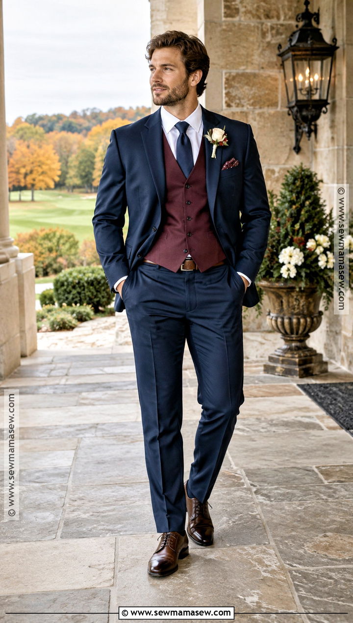 Navy Suit With Burgundy Vest - 20 fall wedding suits groom attire ideas