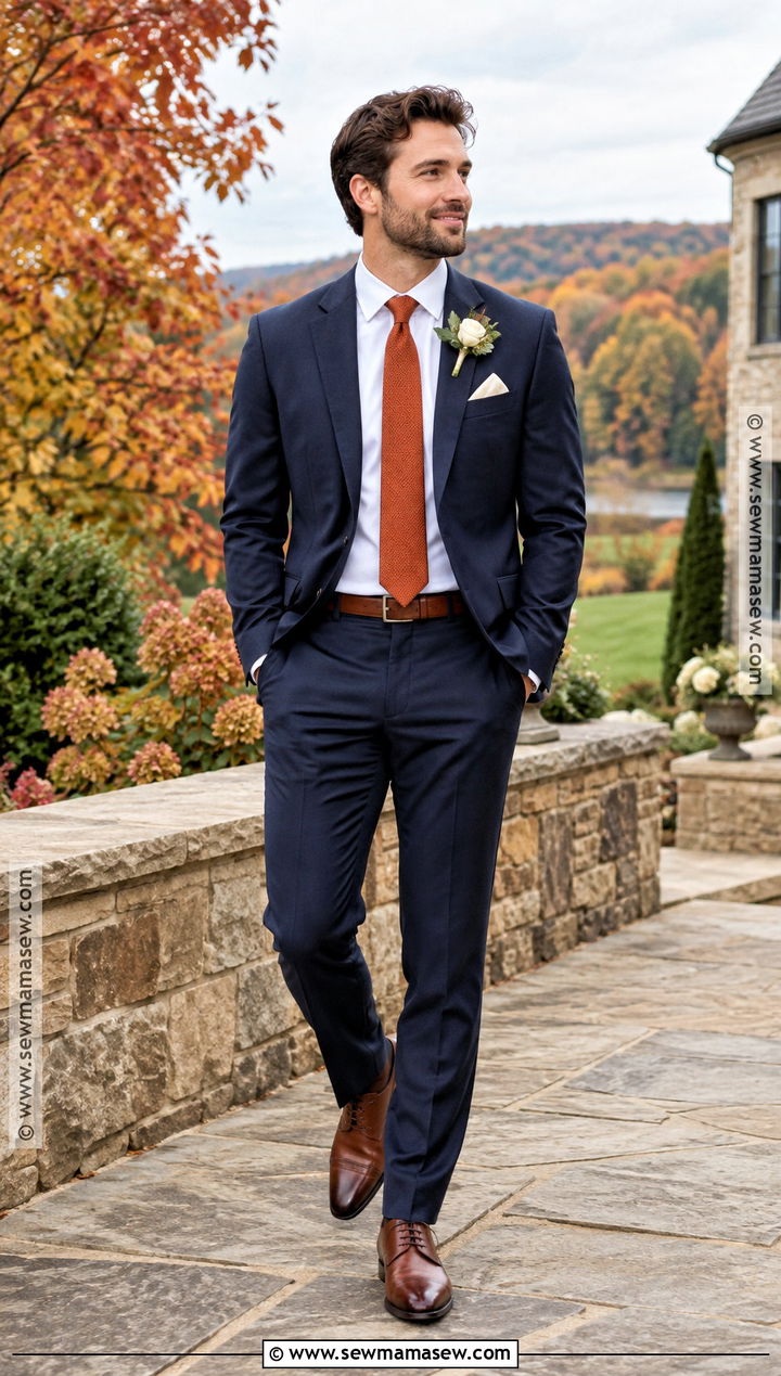 Navy Suit With Burnt Orange Tie - 15 fall wedding attire for groom ideas