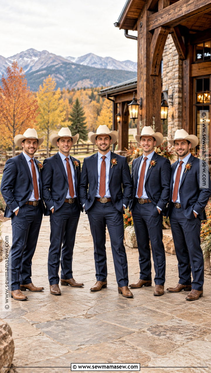 Navy Suit With Cowboy Hat - 15 fall wedding groomsmen attire western ideas