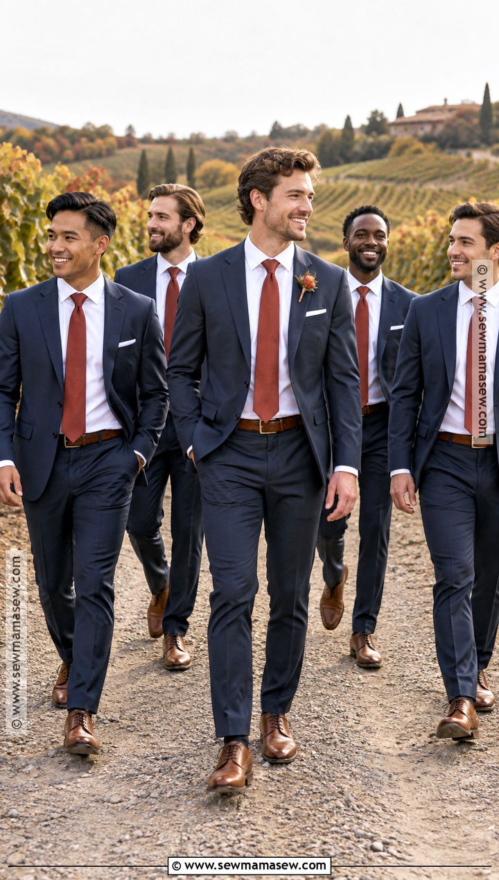 Navy Suit With Rust Tie Groomsmen Attire - 15 groomsmen fall attire ideas