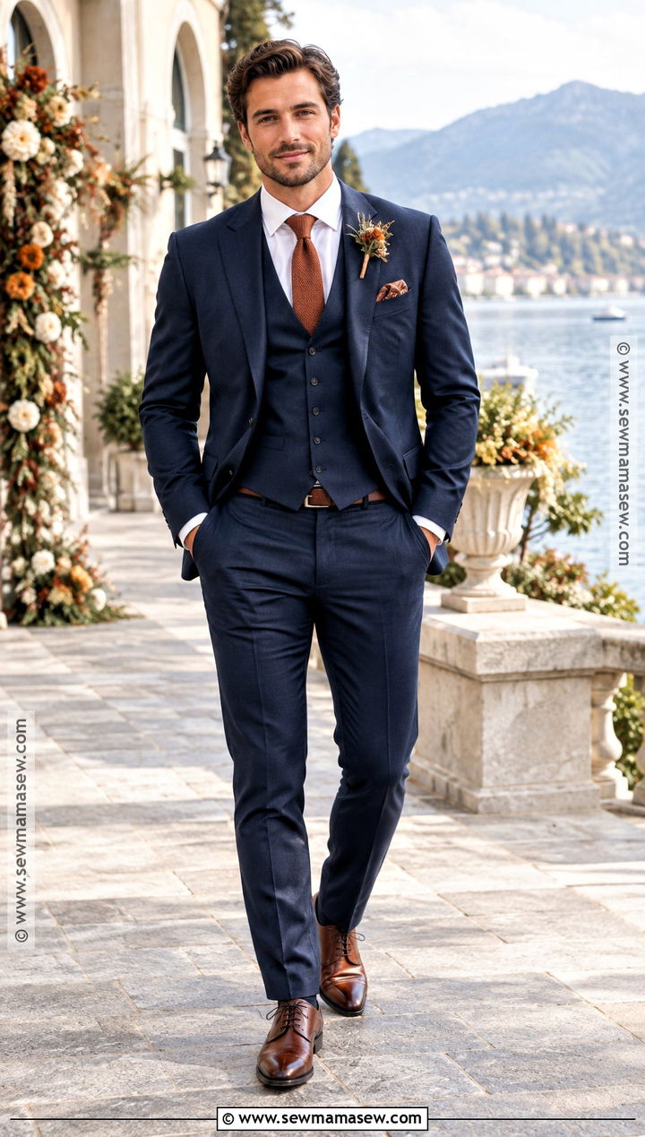 Navy Suit With Rust Tie - 20 groom fall wedding attire ideas